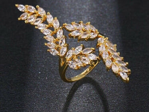 STATEMENT Gold Clear Long Leaf CZ Adjustable Cuff Cocktail Ring