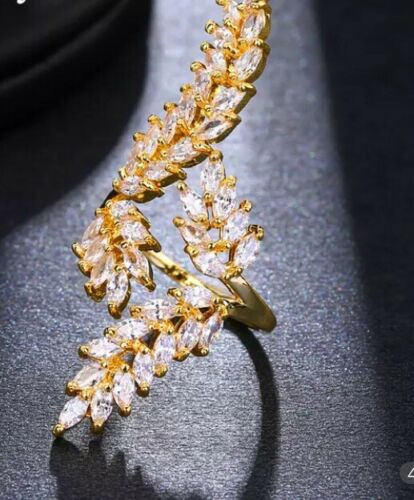 STATEMENT Gold Clear Long Leaf CZ Adjustable Cuff Cocktail Ring