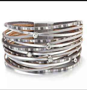 Layered Silver Super Shine leather Magnetic Fastening Bracelet