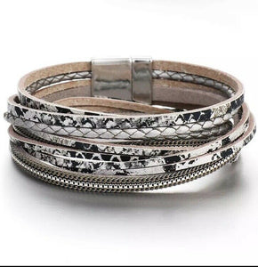 Silver leather Snake Grey Magnetic Fastening Wrap Bracelet