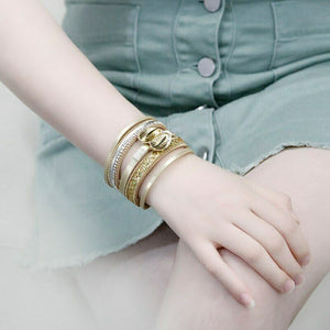 Layered Gold Champagne leather Leaf Chain Magnetic Bracelet