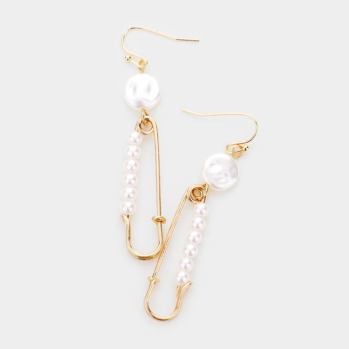 UNUSUAL Statement Quirky Gold White Pearl Safety Pin Earrings