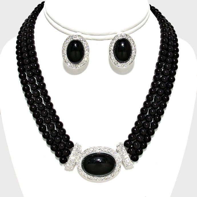 ELEGANT Silver Black Pearl Collar Necklace CLIP ON Earring Set