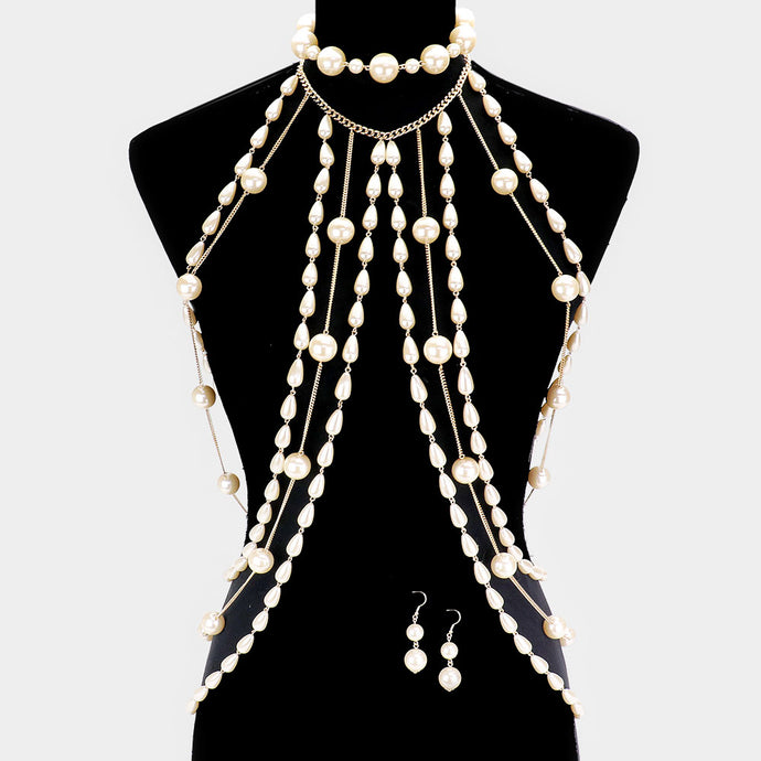 LUXE Statement Gold Pearl Choker 4 Piece Necklace Body Chain
