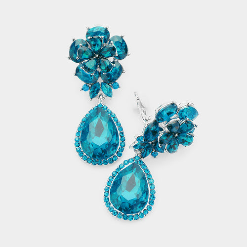 Statement Silver CLIP ON Vibrant Blue Zircon Crystal Cocktail Earrings