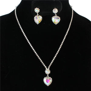 GLAM Silver AB Crystal Heart Cocktail /Bridal Bride Necklace Set