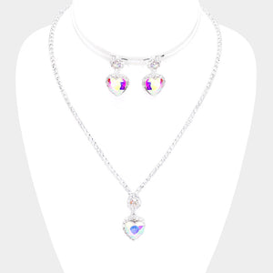 GLAM Silver AB Crystal Heart Cocktail /Bridal Bride Necklace Set